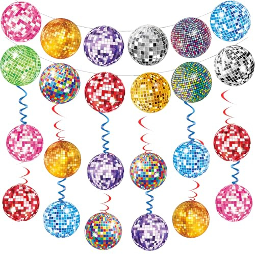 CWENDANER Discokugel Deko(24 Pack)& Discokugel Banner(12 Pack),70er 80er 90er Jahre Party Dekoration Set,Hängespiralen & Luftschlangen für Disco,Rock & Hippie Partys
