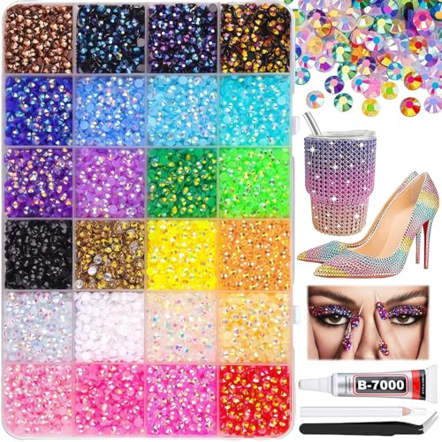 Bedazzling Kit - 30000PCS Nail Art Rhinestones Set, 24 Colors 3mm Flat Back Crystals for Nails, DIY Crafts Clothes Shoes, Includes Pick Up Tweezers and Pen