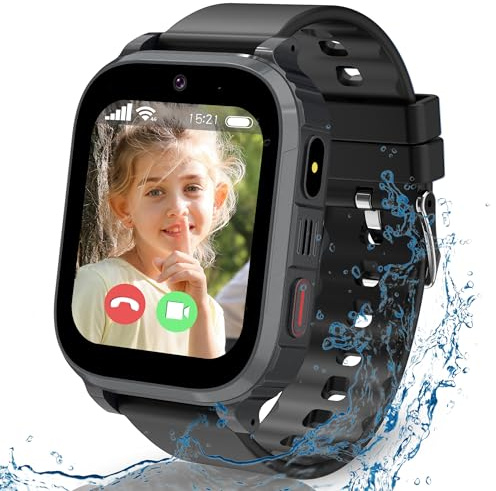 ELEJAFE 4G Montre Connectée Enfant avec GPS et Téléphone,IP68 Montre GPS Enfant Fille Garçon avec SOS, WiFi, Appels/Vidéo/Chat Vocal,IP68 Étanche Jeux Réveil Mode Classe,Smartwatch Cadeau (Noir clair)
