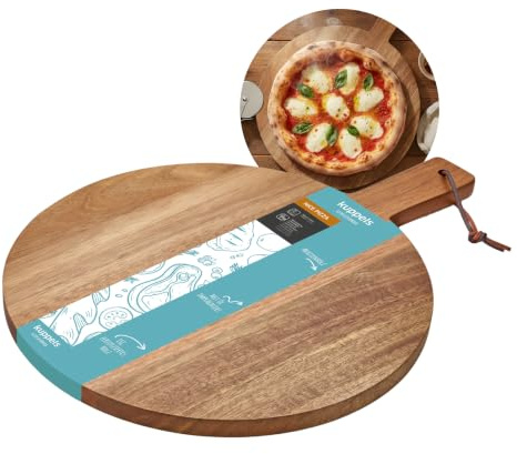 Kuppels NICE Pizza Schneidebrett Holz mit Griff 40×30cm, Akazienholz | Servierbrett, Pizzabrett, natürliche Maserung, für Pizza & Flammkuchen, pflegeleicht, messerschonend, langlebig, Handwäsche