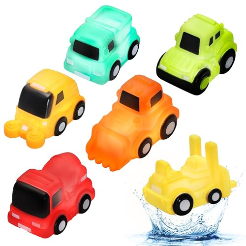 VBACALA Jouets de Bain Véhicules Chantier avec Lumières, Ensemble de 6 Jouets de Bain sans Trou LED, Jeux de Bain Flottants pour Enfants 3+ Ans, Jouets Lumineux pour Baignoire, Piscine et Plage