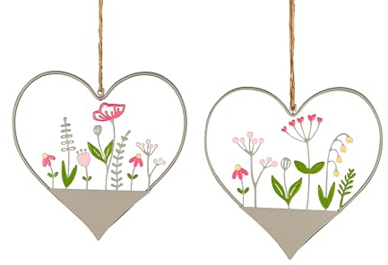 Formano 2 x Dekohänger Herz mit Blumen – Metall Deko Anhänger 15 cm – Handbemalt – Herz Fensterdeko Frühling Sommer – Wand- oder Fensterhänger