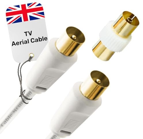Coaxial TV Aerial Cable 3m - Male To Male Gold Plated RF Tv Cable with Adapter - Antenna AV Lead for Freeview, Freesat, Tv Antenna Extension - White Straight Connection