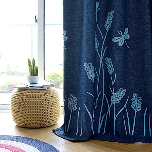 Melodieux Vorhang mit Weizenstickerei, Leinen, strukturiert, für Wohnzimmer, Schlafzimmer, rustikaler Bauernhaus-Stil, Flachs, Drapierösen, Blau/Weizen/Marineblau, 132 x 213 cm (1 Panel)