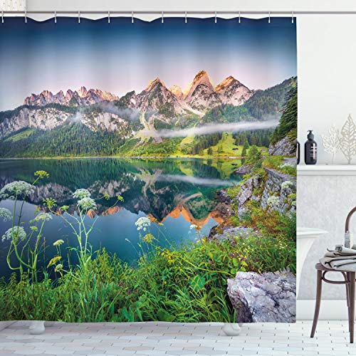 ABAKUHAUS Natur Duschvorhang, Österreichische Alpen Berg, Stoffliches Gewebe Badezimmerdekorationsset mit Haken, 175 x 180 cm, Grün blau