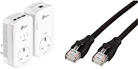 TP-Link TL-PA8033PKIT AV1300 3-Port Gigabit Passthrough 2x2 MIMO Powerline Adapter Starter Kit, Range Extender, WiFi Extender/Booster & Amazon Basics RJ45 CAT6 Ethernet LAN Patch Cable (0.9 m)