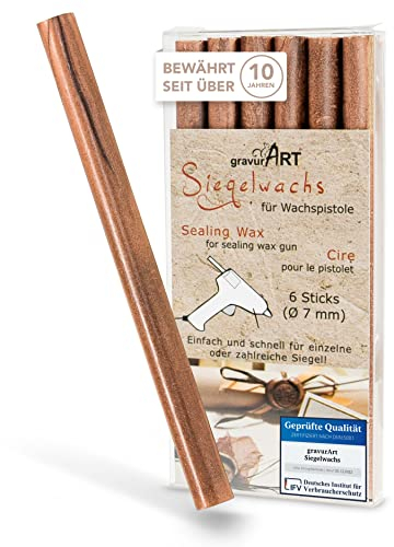 gravurART Siegelwachs flexibel für Wachspistole - Stilvoll Briefe versiegeln mit dem 6er Pack Wachs für Siegelstempel in Kupfer - 7 mm