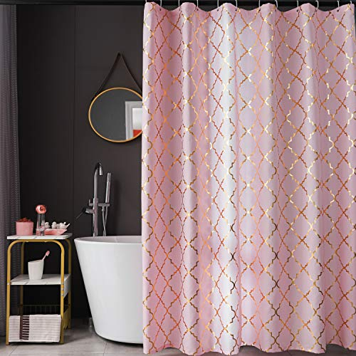 FINECITY Geometrisches Duschvorhang-Set – Metallic-Goldfolie, marokkanisches Gittermuster, gedruckt auf weichem Stoff, Ösen, Duschvorhang mit 12 Haken, 183 x 183 cm, Rosa und Gold