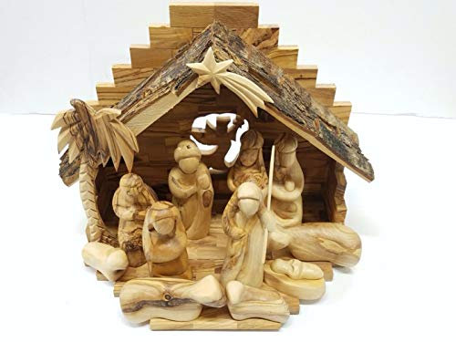 Handgeschnitztes Miniatur-Krippen-Set aus Olivenholz aus Bethlehem mit stabilen 12 Teilen (27,9 cm Stall mit 12,7 cm gesichtslosen Figuren)