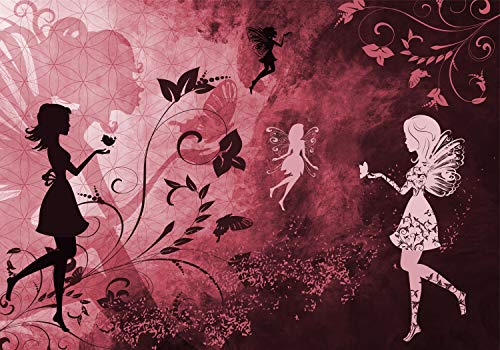wandmotiv24 Fototapete Elfen Schmetterlinge Ornamente, M 250 x 175 cm - 5 Teile, Wanddeko, Wandbild, Wandtapete, Fee rot rosa Fantasy M6598
