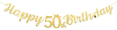 Happy 50th Birthday Banner Crown Garlands Backdrop Bunting Fifty Years Old Anniversary Photo Booth Background DIY Party Decoration Supplies for Boys or Girls Living Room (Gold)