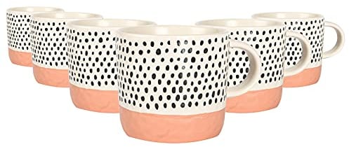 Nicola Spring Ceramic Coffee Mugs Set - 385ml - 6pc Pink Dipped Dots Stoneware Coffee Cups Dishwasher & Microwave Safe Large Tea Mugs for Hot Drinks, Hot Chocolate, Tea