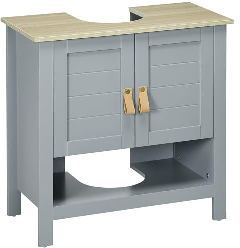kleankin Armario para Debajo de Lavabo Compacto con 2 Puertas y Estante Interior Ajustable Mueble Auxiliar de Almacenamiento para Baño 60x30x60 cm Gris