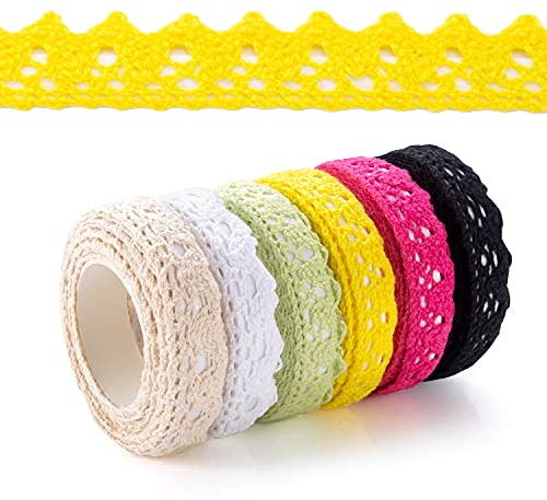 6 Rollen farbe Spitzenband Selbstklebende bunt borte Vintage Dekoband Spitze Bänder Bordüre Spitzenbort Stoffband Selbstklebend Bänder Spitzenband Selbstklebende Weiß Beige rose Grün Gelb Schwarz