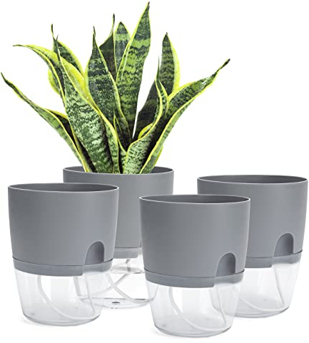 Johotone Vaso con Sistema di Auto-irrigazione Interno Vasi da Esterni Plastica Grandi per Giardino Casa Piante Fiori Grigio 4 Pezzi 6 * 7.1 Inch