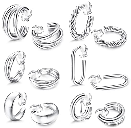 Kakonia 6 Paar Ohrclips Damen Ohne Ohrlöcher Chunky Creolen Twist Triple Square Creolen Ohrklipser Ohrclips Mädchen Kein Piercing Clip Ohrringe Set