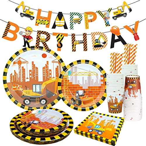 Bymivofun 106 piezas Juego de Vajilla de Cumpleaños para Excavadora, para 20 Invitados, suministros para Fiestas de Automóviles de Construcción, para Decoración de Fiestas de Cumpleaños Temáticas