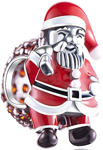Weihnachtsmann tragen mit Weihnachten Geschenk Tasche Charms passen Pandora Xmas Armband, 925 Sterling Silber Santa Sending Geschenk rote Emaille Perlen mit CZ Steine, für Familie/Mama/Frau