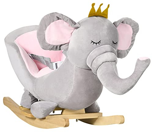 Qaba Schaukelpferd Elefant für Babys, Schaukelspielzeug mit Klangholzsockel, Sicherheitsgurt für Kinder von 1,5 bis 3 Jahren, Grau