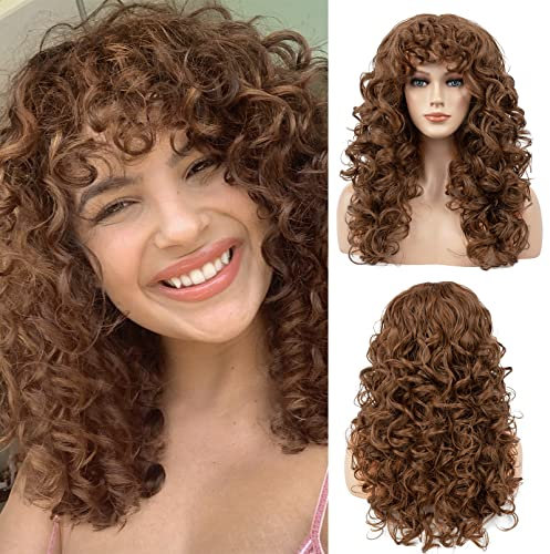 FLUFYMOOZ curly wig with bangs Lockige Perücke mit Pony für Damen, Lange Lockenperücke 50 cm Locken mit dünnem Pony Hitzebeständige Weiche Synthetikperücke für Damen (Helles Schokoladenbraun)