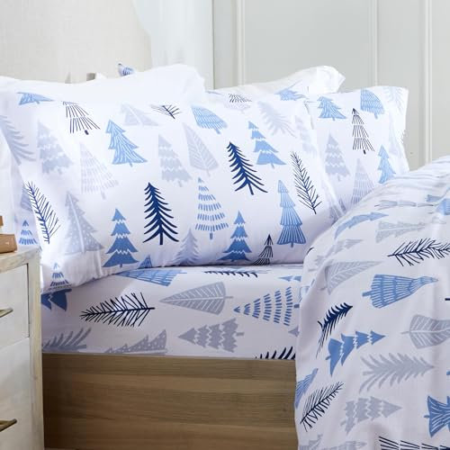 Market & Place 100 % türkische Baumwoll-Flanell-Bettwäsche, Bettbezug-Set, 4-teiliges Bettlaken mit tiefer Tasche, gemütliche Winterbettwäsche, Alpine Collection (voll, blauer Wald)