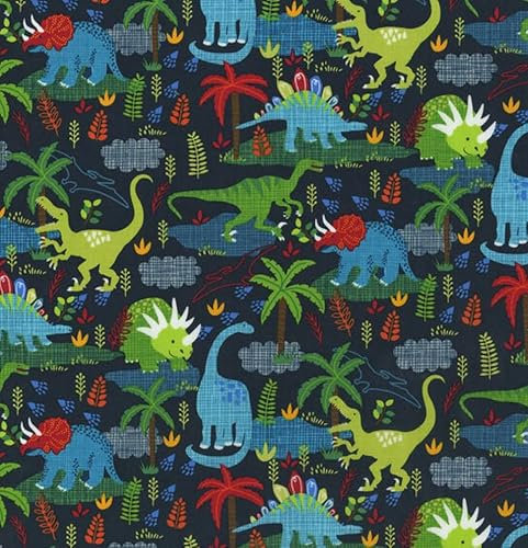 The Yard Baumwollstoff, Dinosaurier auf Marineblau