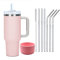Moollyfox 1200 ML Tasse Isotherme à Double Paroi en Acier Inoxydable avec Poignée Tasse à Café Voyage Voiture avec Paille en Acier Inoxydable et Couvercle en Silicone Rose Clair