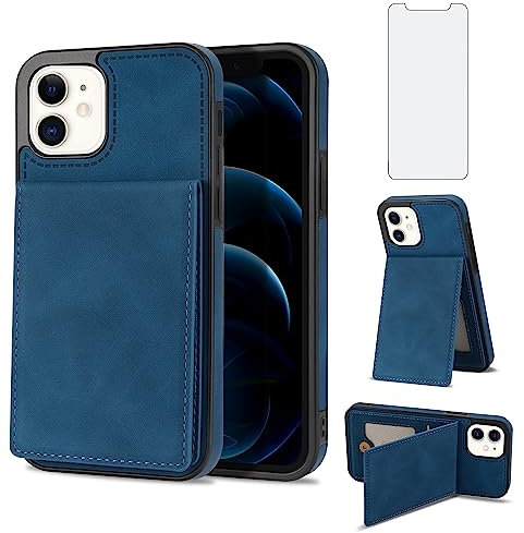 Asuwish Funda para iPhone 12 Mini con Cristal Templado Protector de Pantalla Soporte Tarjetero Cuero Libro Cartera Carcasa i-Phone i 12mini Mini-Funda Wallet Phone Cover Case Azul