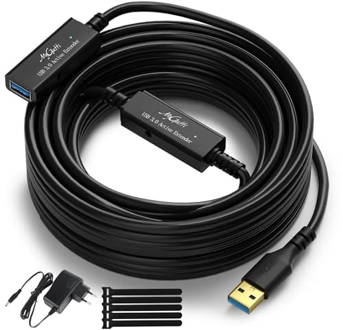 Mygatti 15 metros Cable de extensión activa USB 3.0,USB tipo A 5 Gbps macho a hembra,22 AWG,con 2 amplificadores de señal y enchufe de alimentación de CC,Cable repetidor,con 5 bridas