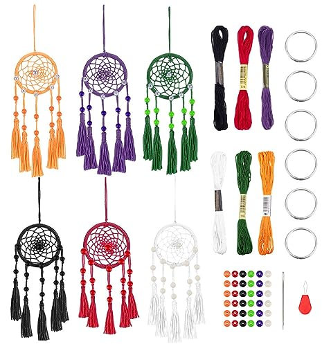 INFUNLY 6 Stück Kleines DIY-Halloween-Traumfänger-Set Handgefertigte Wanddekoration Traumfänger-Herstellungsset DIY-Makramee-Traumfänger-Set Für Erwachsene Mit Anleitung Bunter Traumfänger Für
