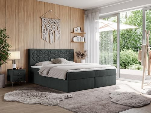 MKS MEBLE Boxspringbett 180x200 mit Matratze H4 und Bettkasten, Doppelbett Bett mit Stauraum und Topper, Polsterbett 180x200 mit Kopfteil - Leila - Dunkelgrau Struktur - H4