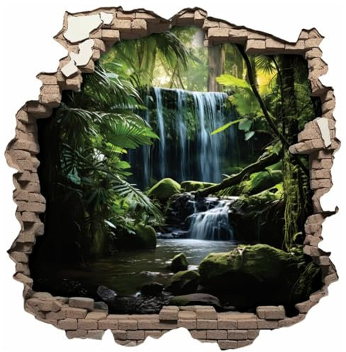 Samunshi® Wandaufkleber Mauerloch Wandriss mit Wasserfall im Wald Wandsticker Fenster in andere Welt Portal für Kinderzimmer Aufkleber Küche Wallart 70 x 70cm