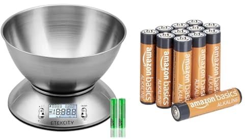 Etekcity Electronic Kitchen Scales with Stainless Steel Mixing Bowl, Timer and Temperature Sensor & Amazon Basics AAA Alkaline Batteries, High-Performance (Triple A), 10-Year Shelf Life, 12-Pack