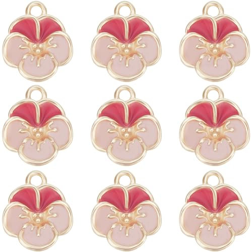 Beebeecraft 1 Scatola 12 Pezzi Ciondoli Fiore Ottone Placcato Oro 18K Smaltato Ciondoli Rosa Ciliegia per La Creazione di Gioielli Primaverili Collane Bracciali