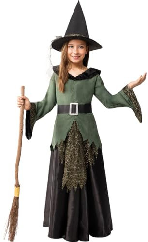 Funidelia Disfraz de Bruja Deluxe para Niña con Chaqueta, Falda, cinturón y Sombrero, Traje de Hechicera Maga Infantil, Disfraces de Carnaval, Halloween y Fiestas – Talla 5-6 años