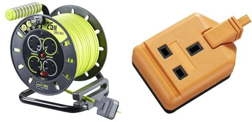 Masterplug Pro-XT Four Socket Open Cable Reel Extension Lead with Winding Handle, Thermal Cut Out & EXS13110O-01 Heavy Duty Single Socket Extension Lead, 10 Metres, Orange