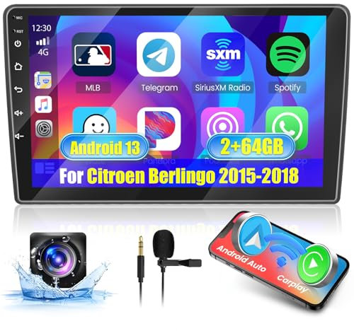Hikity 2G+64G Android 15 Autoradio per Citroen Berlingo 2015 2016 2017 2018 con Wireless Carplay Android Auto 9Pollici Car Radio Stereo con GPS Navi WiFi DSP FM RDS Bluetooth Telecamera Posteriore