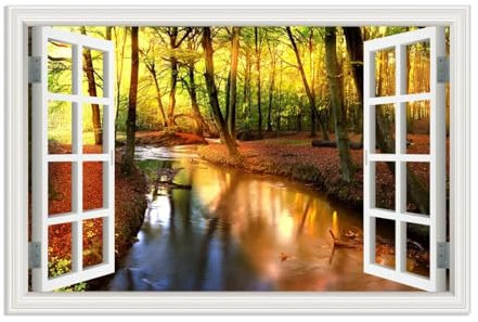 RXNHGJDS Quadro con effetto 3D,Scenario autunnale tramonto attraverso i boschi,finestra aperta su,Immagini su tela effetto 3d Finestra,stampa da parete45x30cm(18x12in) Senza cornice