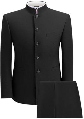 2 Piece Men's Chinese Suit Chinese Stand Collar Slim Fit Suits Front Button Blazer Pant Set,Black-M