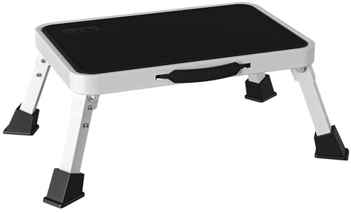 BONTEC Taburete Plegable Escalera Plegable, 150 kg Capacidad de Peso, Escalera Multifuncional Portátil con Pedal Antideslizante y Mango de Transporte para Uso en Interiores y Exteriores, Blanco