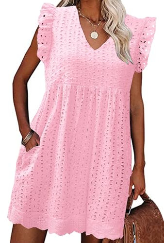 heekpek Vestidos Verano Mujer Sin Mangas con Volantes Cuello V Algodón Mini Vestido Mujer Sueltos Hueco de Flores Jacquard Casual Vestidos de Playa con Bolsillos, Rosa Claro, L