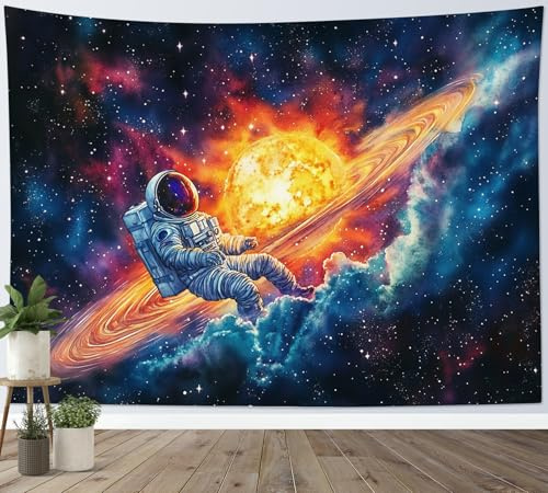 LB Wandteppich Galaxie Wandtuch Raumfahrer in Sonnensystem Wandbehang Universum Sonne und Sterne Tapisserie für Wohnzimmer Schlafzimmer Wohnheim Wanddeko,150x130cm