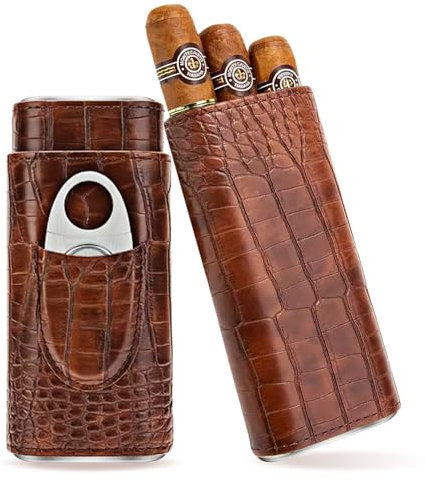 SUNOYA Zigarrenetui für 3 Zigarren, Leder Zigarrenetui Leder mit Zigarrenschneider, Zigarren Humidore, Tragbarer Humidor Zigarren für Reise Kurztrips