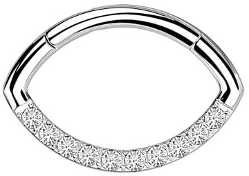 Titanium Clicker Ring in Oval Shape with CZ, Daith Nose Septum Earring Piercing Hoop - Silver / 16G / 10 mm
