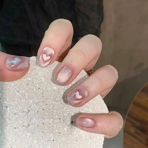 24PCS Press on Nails Short Square, Pink French False Nails Acrylic Fake Nails with Heart & Cat Eye Designs, Natural Glue on Nail with Jelly Glue, Removable Full Cover Stick on Nail for Women Girls