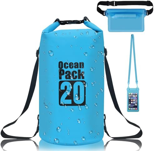 Gucass Dry Bag Wasserdichte Tasche 20 L, Wasserfeste Beutel Packsack mit Doppeltem Verstellbarer Tragegurt, Waterproof Bag Für Schwimmen Bootfahren Kajak Wassensport, mit Bauchtasche IPX8 Handyhülle