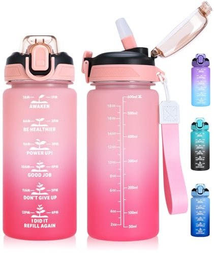 SUPPRUI Kids Water Bottle With Straw, 600ml Toddler Drinks for School, Leakproof BPA-Free Tritan Motivational Drink Bottles for Girls Boys (Pink)
