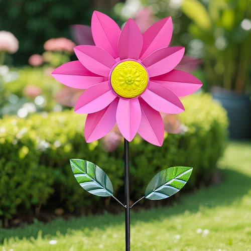 Windrad für draußen, 116 cm großes Sonnenblumen-Windrad aus Metall mit Erdspieß, 360° drehbare Windmühle für den Garten, kinetische Windskulpturen für Haus, Rasen, Garten und Terrasse (Rosa)