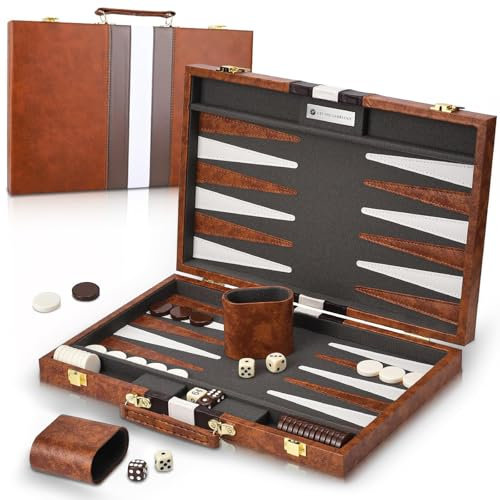 Backgammon Set, 11 Inch Backgammon Set With Premium Leather Case, Portable Board Game With Acrylic Playing Pieces & Wooden Dice Cups, Backgammon Travel Set For Adults And Kids (Brown)