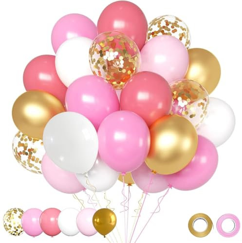 Ovanda Rosa Weiß Gold Luftballons Hochzeit,30 Stück Pastell Rosa Weiß Metallic Gold Konfetti Latex Ballons,Luftballons Geburtstag,für Mädchen Babyparty Geburtstagdeko Hochzeit Luftballons Valentinstag